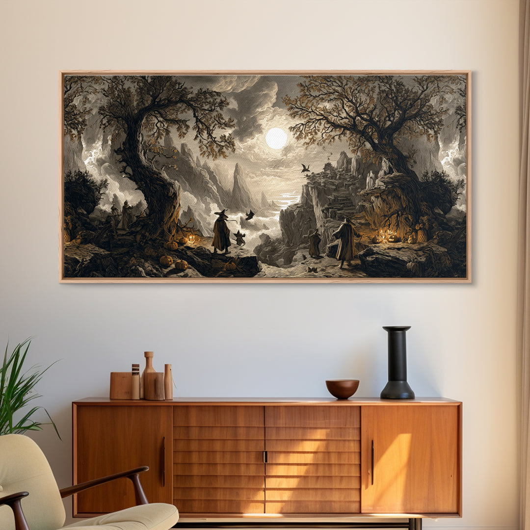 Halloween On Another Planet, Baroque Witchcraft Art, Wide Panoramic Art, Gothic Horror Wall Art, Framed Canvas Print, Halloween Wall Art