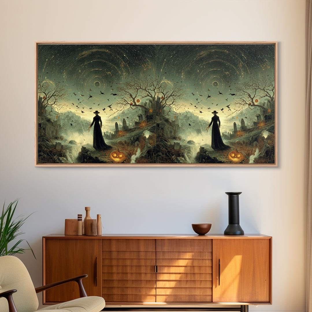 Halloween On Another Planet, Romantic Gothic Landscape, Wide Panoramic Art, Dark Fantasy Wall Art, Framed Canvas Print