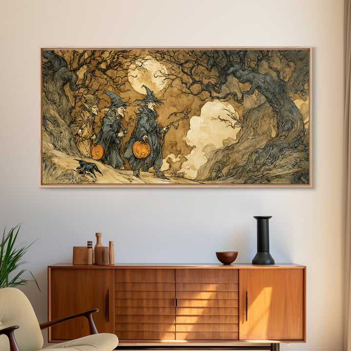 Halloween On Another Planet, Gothic Storybook Art, Wide Panoramic Art, Macabre Wall Art, Canvas Print, Halloween Wall Art