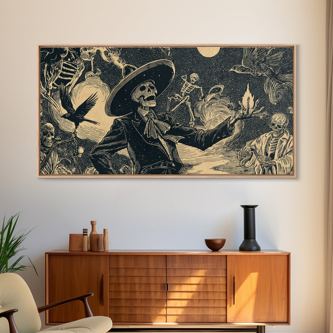 Halloween On Another Planet, Macabre Folk Print Art, Wide Panoramic Art, Gothic Horror Wall Art, Canvas Print