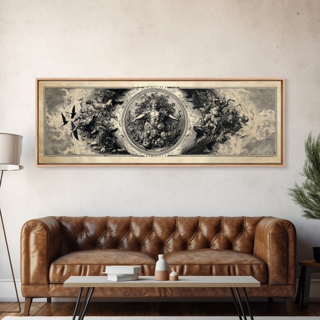 The Personification Of October, Renaissance Engraving Art, Extra Wide Wall Art, Macabre Wall Art, Canvas Print, Halloween Wall Art