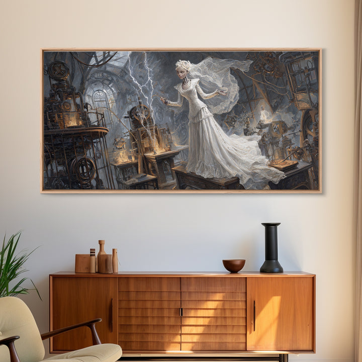 The Stitched Bride Of Thunder Hall, Apocalyptic Romantic Art, Wide Panoramic Art, Dark Fantasy Wall Art, Framed Canvas Print