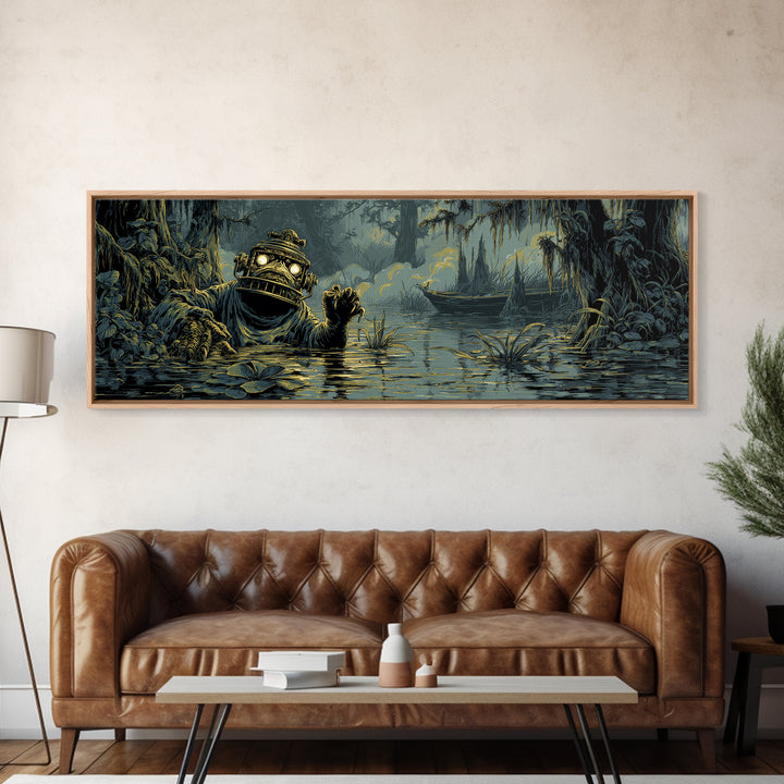 The Creature Of Lantern Lagoon, Gothic Engraving Art, Extra Wide Wall Art, Dark Halloween Decor, Framed Canvas Print