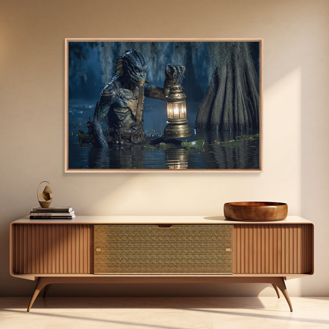 The Creature Of Lantern Lagoon, Symbolist Gothic Landscape, Landscape Wall Art, Gothic Horror Wall Art, Framed Canvas Print