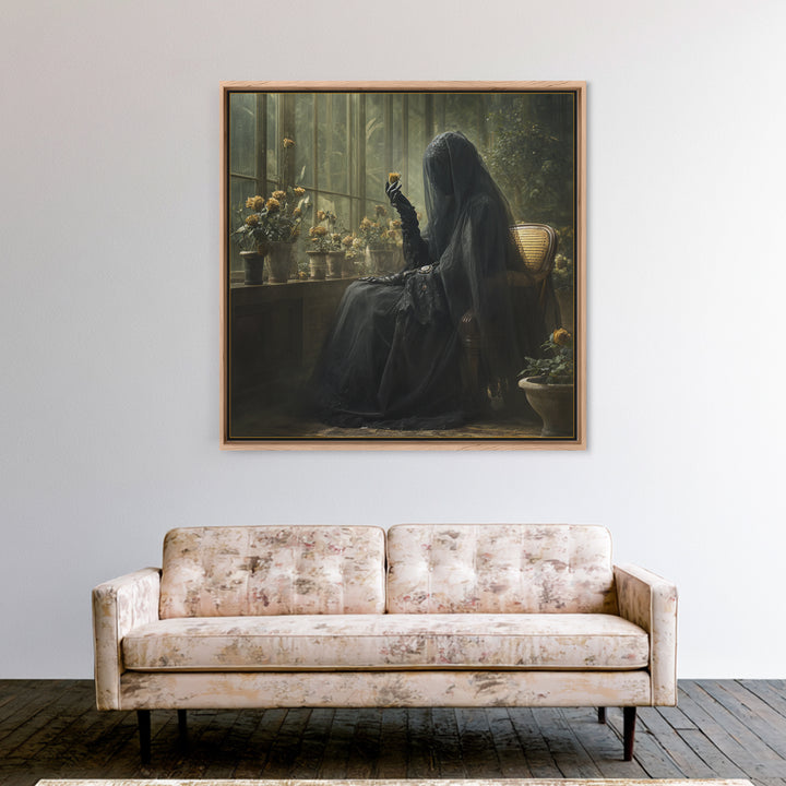 The Invisible Mourner Of Glass House, Gothic Engraving Art, Square Wall Art, Macabre Wall Art, Canvas Print, Halloween Wall Art