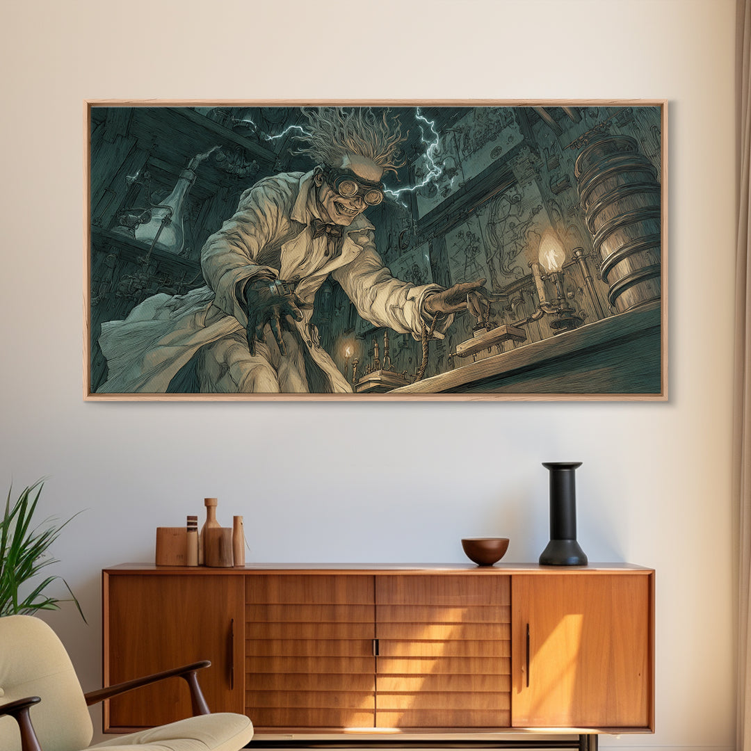 Doctor Vesper'S Resurrection Engine, Expressionist Nightmare Art, Wide Panoramic Art, Gothic Horror Wall Art, Framed Canvas Print