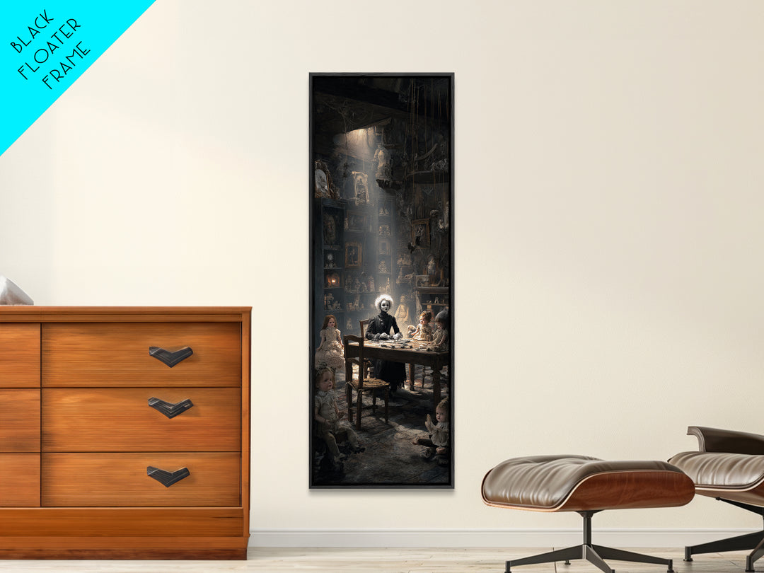 The Dollmaker Of Hollow Ward, Gothic Engraving Art, Tall Narrow Wall Art, Macabre Wall Art, Framed Canvas Print, Halloween Wall Art
