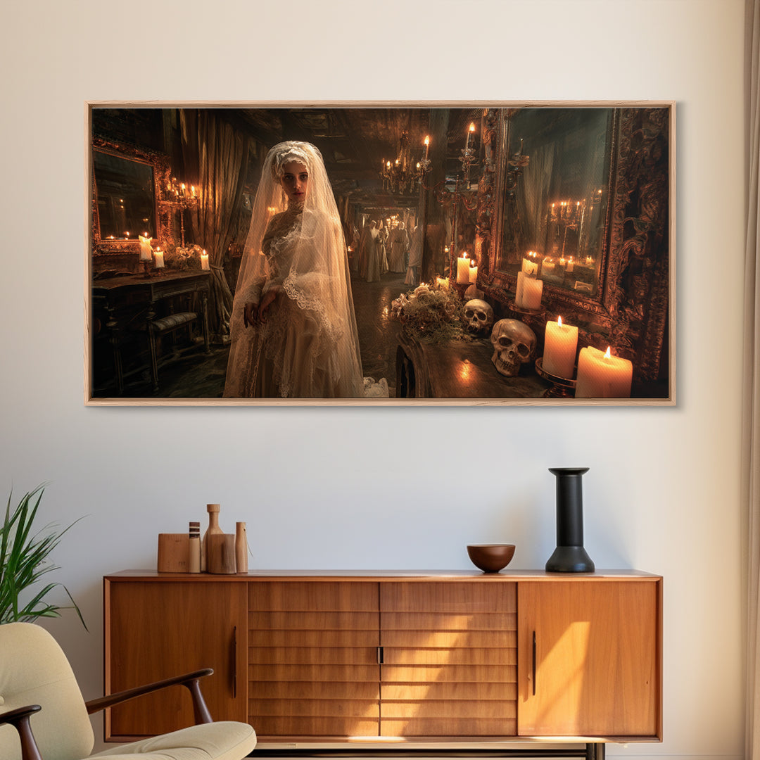 The Wax Bride Of Mourning Hall, Grotesque Carnival Art, Wide Panoramic Art, Gothic Horror Wall Art, Canvas Print, Halloween Wall Art