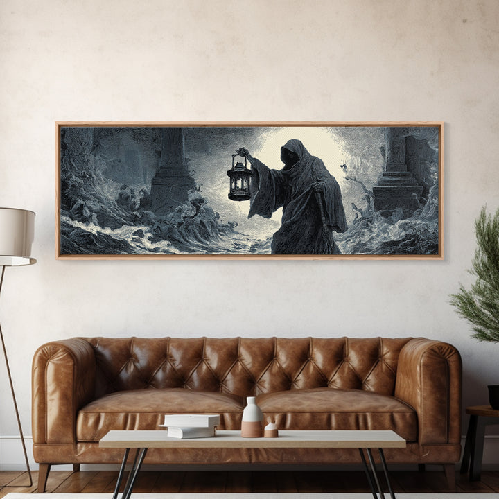 The Lantern-Bearer Of R’Lyeh, Gothic Engraving Art, Extra Wide Wall Art, Dark Fantasy Wall Art, Canvas Print, Halloween Wall Art