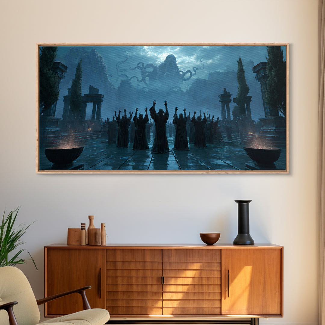 The Choir Of Deepwater Acolytes, Symbolist Gothic Landscape, Wide Panoramic Art, Macabre Wall Art, Canvas Print, Halloween Wall Art