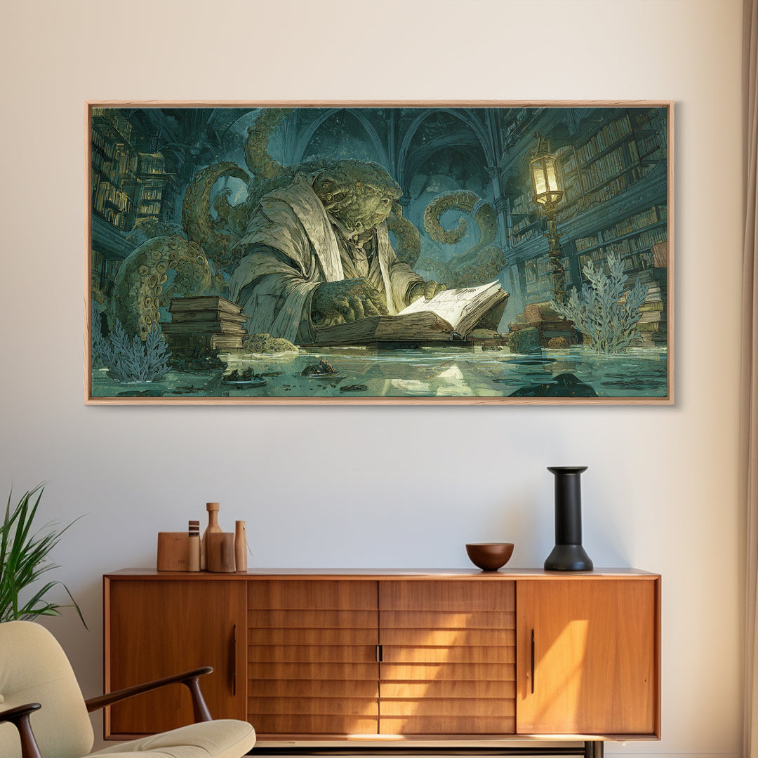 The Librarian Of Forbidden Tides, Expressionist Nightmare Art, Wide Panoramic Art, Macabre Wall Art, Canvas Print, Halloween Wall Art