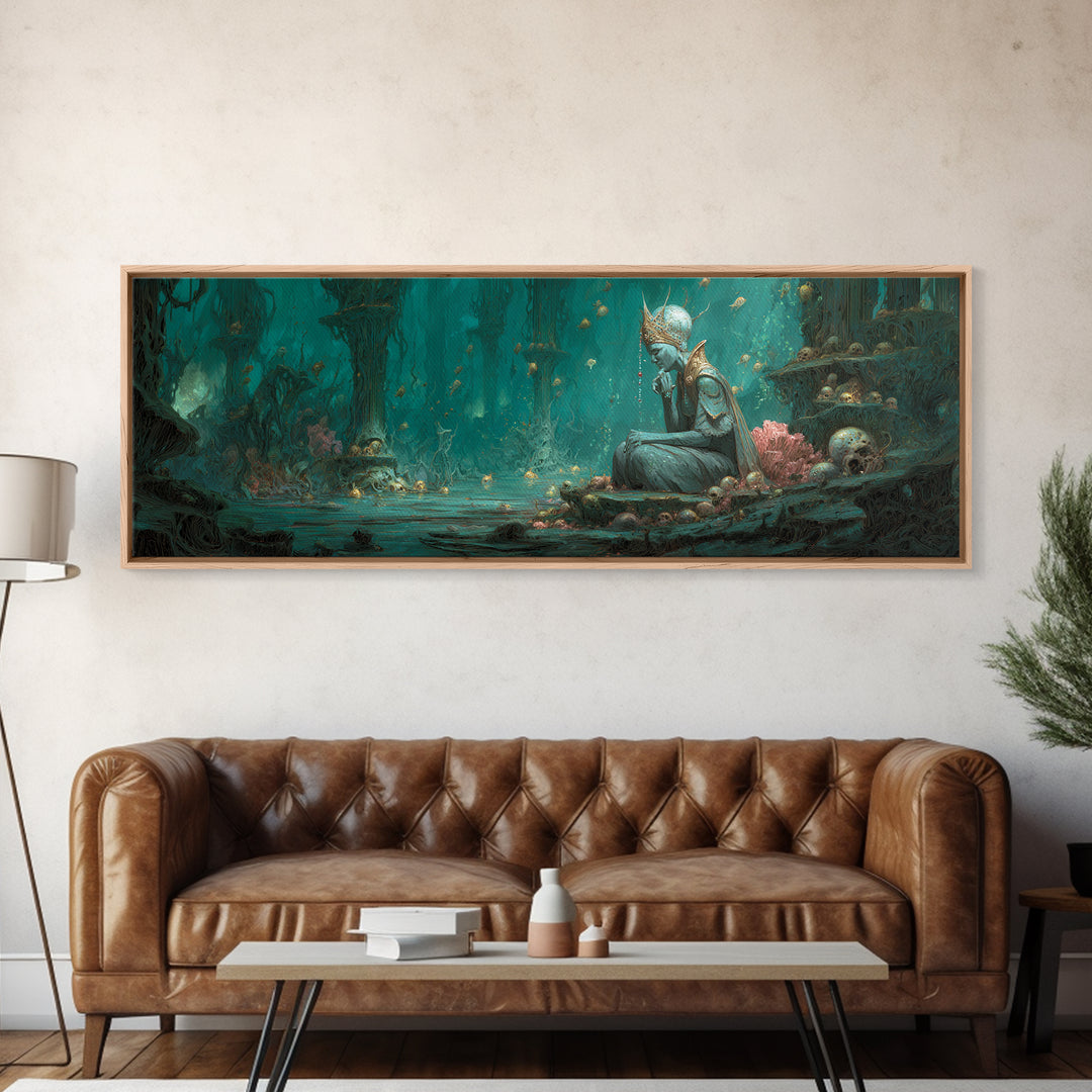 The Watcher In The Coral Throne, Gothic Storybook Art, Extra Wide Wall Art, Gothic Horror Wall Art, Canvas Print, Halloween Wall Art