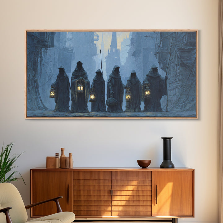 The Innsmouth Lantern Procession, Gothic Engraving Art, Wide Panoramic Art, Gothic Horror Wall Art, Canvas Print, Halloween Wall Art