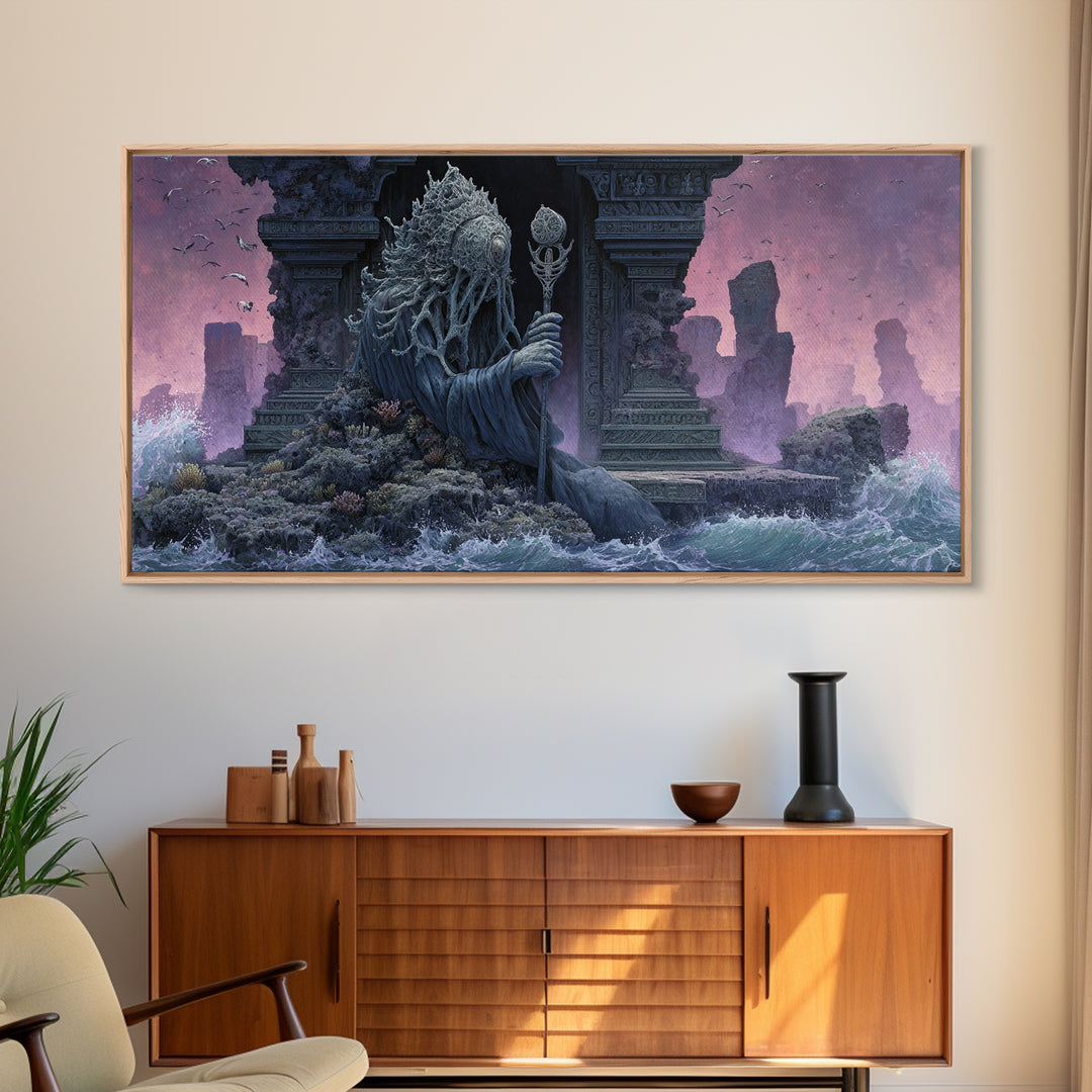 The Keeper Of The Black Reef Key, Symbolist Gothic Landscape, Wide Panoramic Art, Dark Fantasy Wall Art, Canvas Print, Halloween Wall Art