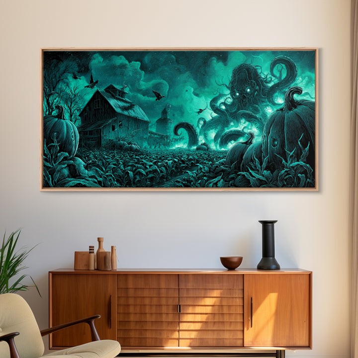 The Harvest Of The Eldritch Field, Biomechanical Horror Art, Wide Panoramic Art, Eldritch Wall Decor, Framed Canvas Print