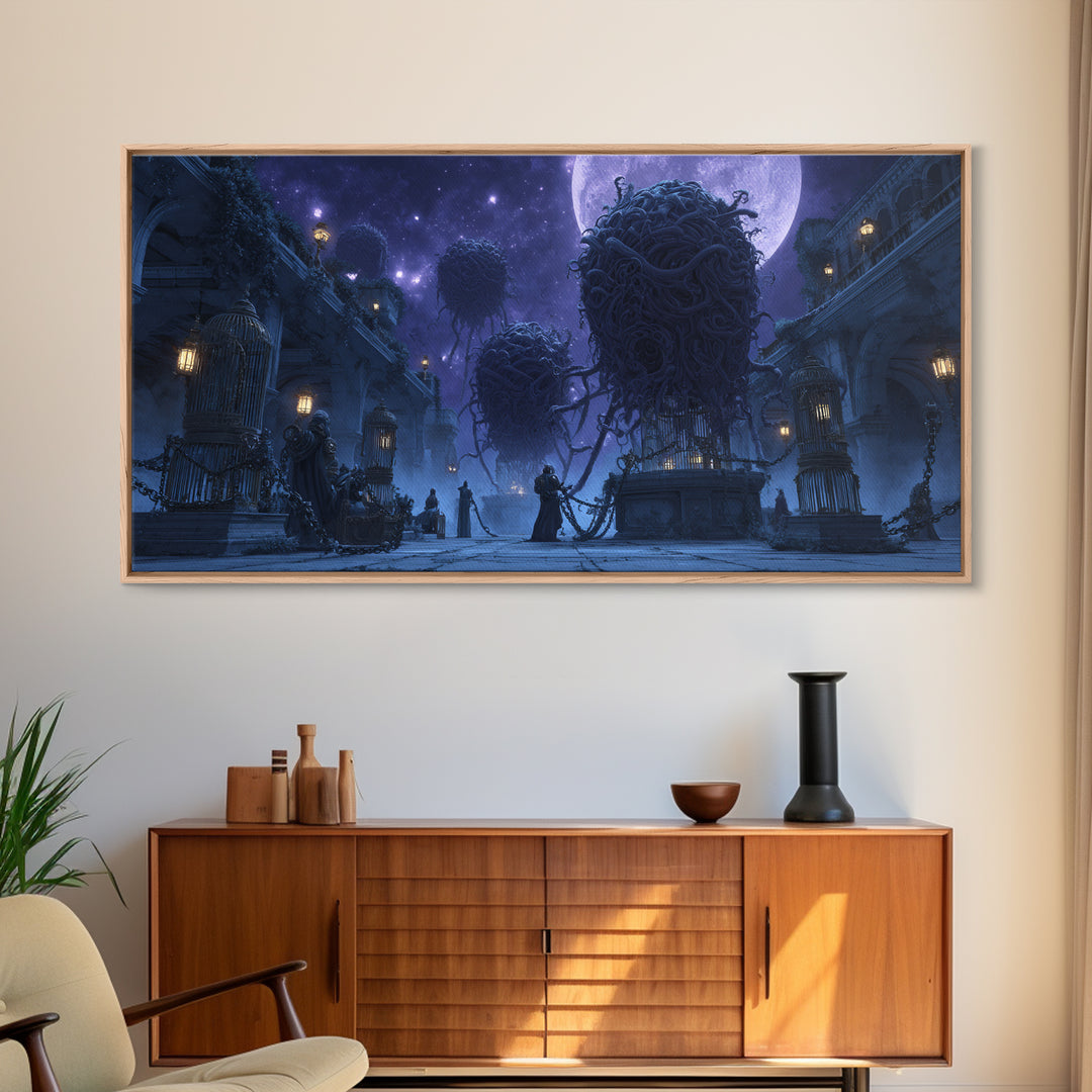 The Moonlit Shoggoth Menagerie, Apocalyptic Romantic Art, Wide Panoramic Art, Lovecraftian Horror Art, Framed Canvas Print, Horror Wall Art