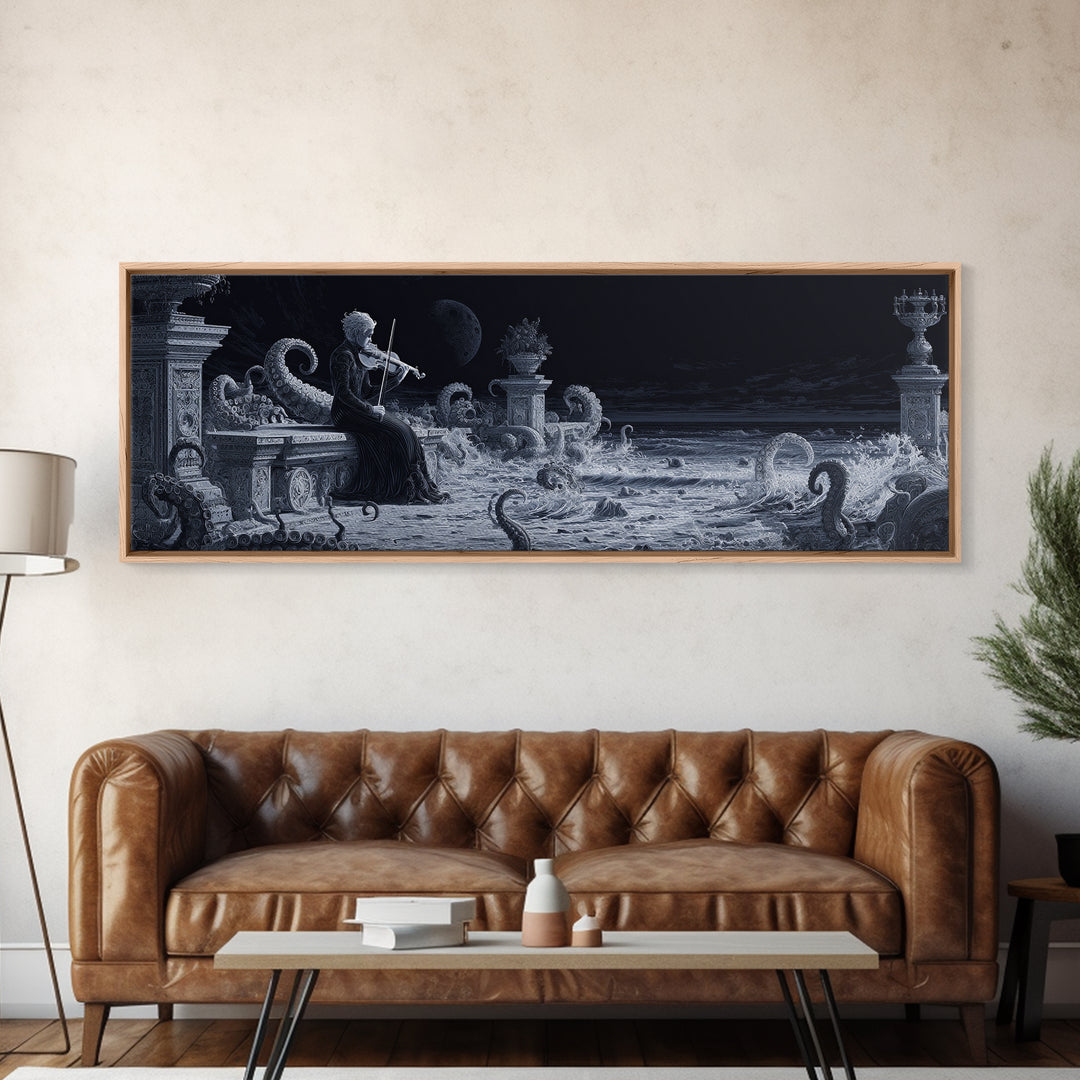 The Violinist Of The Drowned Moon, Biomechanical Horror Art, Extra Wide Wall Art, Cosmic Horror Art, Canvas Print, Halloween Wall Art