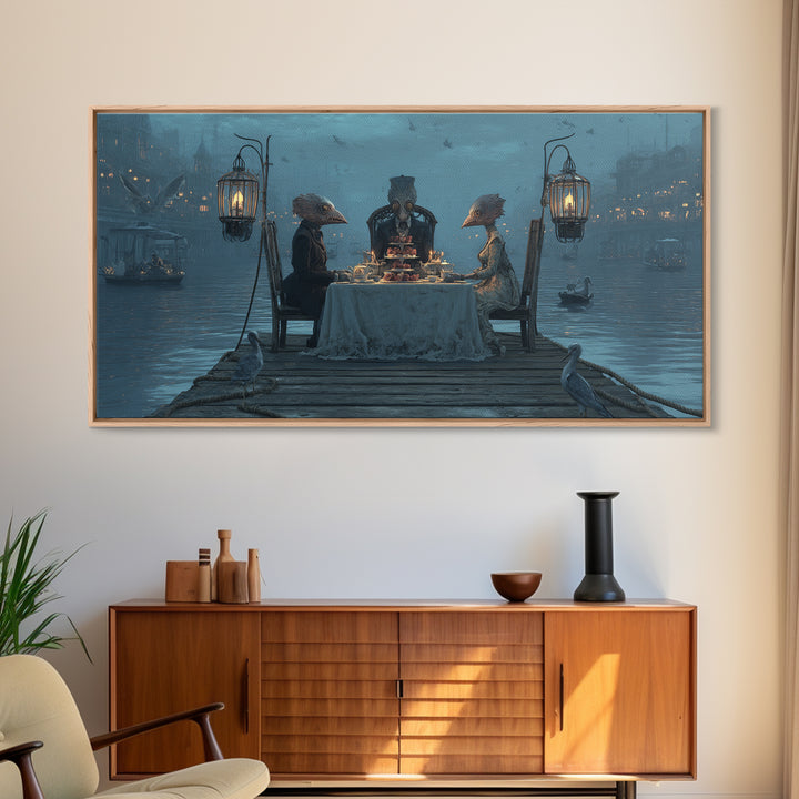 The Tea Party At Innsmouth Pier, Grotesque Carnival Art, Wide Panoramic Art, Dark Fantasy Wall Art, Canvas Print, Halloween Wall Art