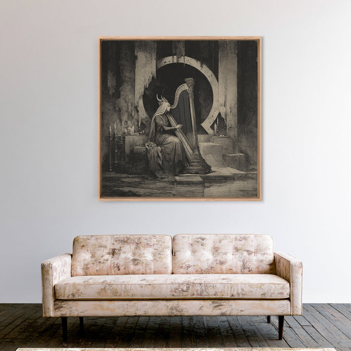 The Harpist Of Abyssal Sleep, Symbolist Dream Art, Square Wall Art, Dark Halloween Decor, Framed Canvas Print, Halloween Wall Art