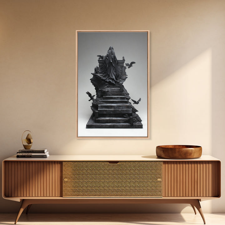 The Raven Sermon Of Leng, Biomechanical Horror Art, Vertical Wall Art, Dark Halloween Decor, Framed Canvas Print, Halloween Wall Art