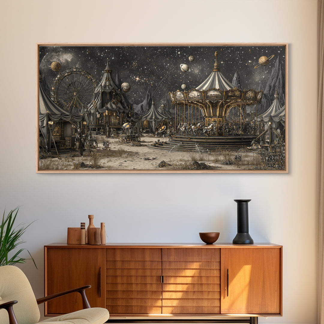 The Carousel Of Sleeping Planets, Apocalyptic Romantic Art, Wide Panoramic Art, Dark Halloween Decor, Framed Canvas Print