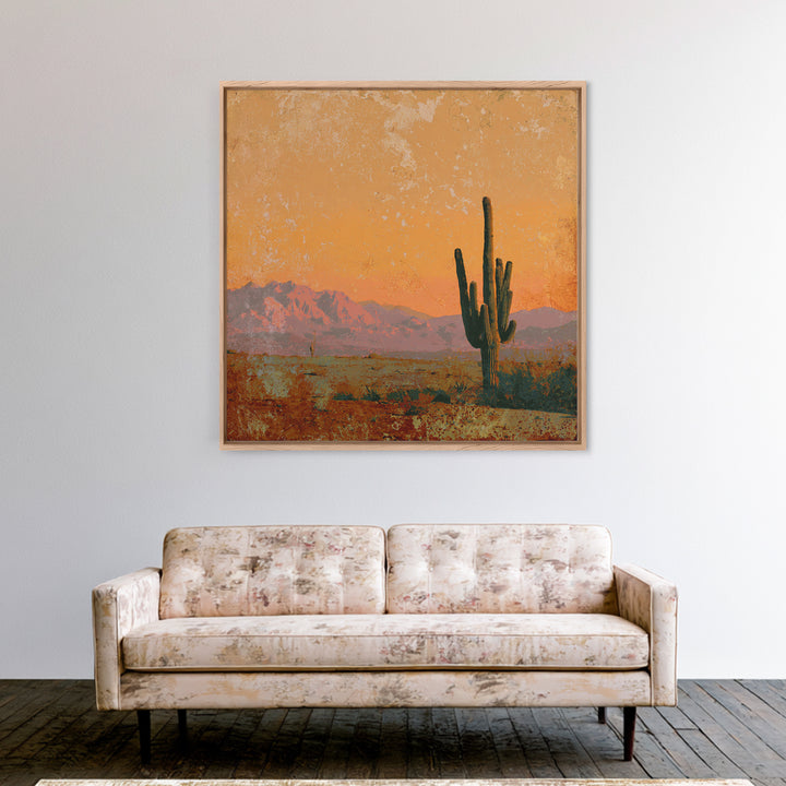 Saguaro Cactus under Orange Sunset Sky Framed Canvas Print, Desert Art, Textured Painting, Southwestern Decor, Fine Art, Desert, DES-1x1-1
