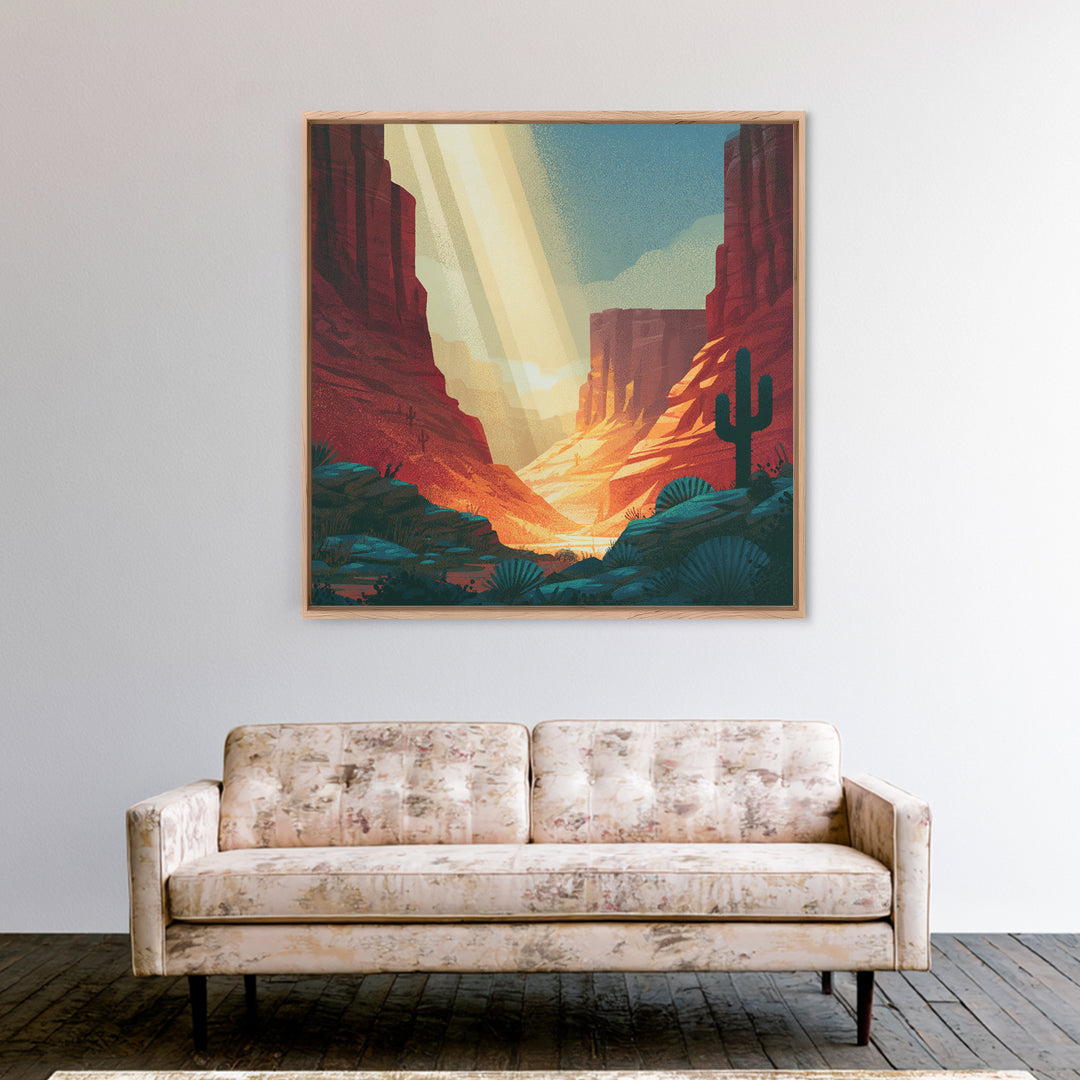 Sandstone Canyon with Dramatic Light Beam Framed Canvas Print, Desert Art, Abstract Wall Art, Southwestern Decor, DES-1x1-16