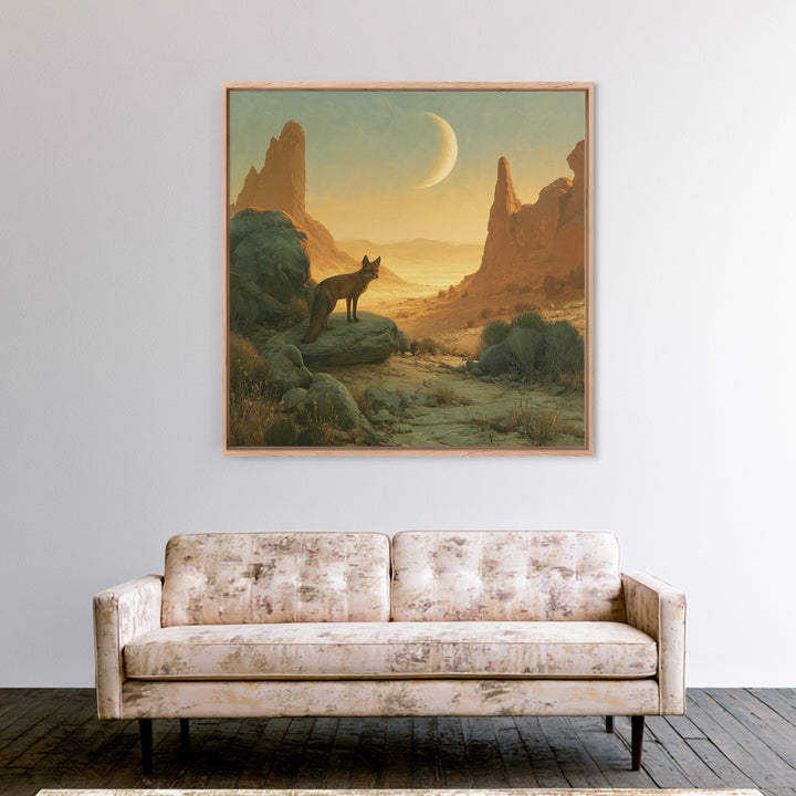 Desert Fox Beneath a Crescent Moon Canvas Print, Desert Art, Luxury Decor, Southwestern Decor, Fine Art, Desert, DES-1x1-17