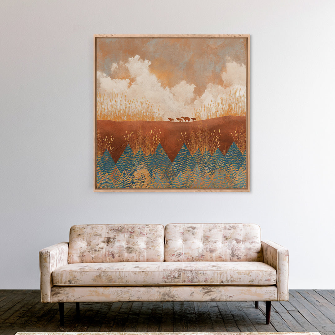 Saharan Dunes with Tiny Caravan Silhouettes Framed Canvas Print, Desert Art, Colorful Wall Art, Southwestern Decor, DES-1x1-2