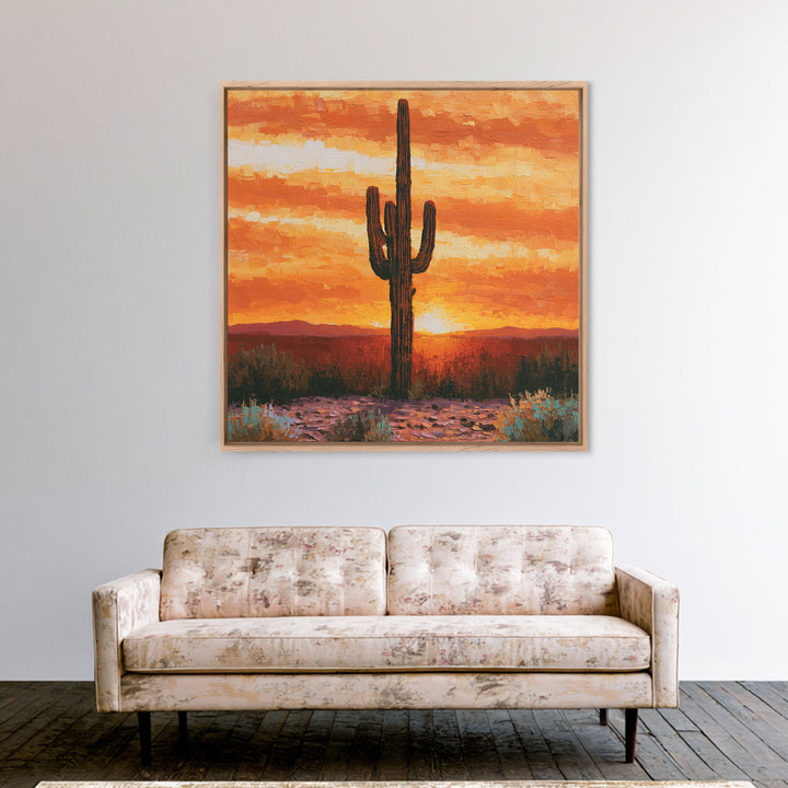 Saguaro Cactus under Orange Sunset Sky Canvas Print, Desert Art, Wall Decor, Southwestern Decor, Desert, Living Room Decor, DES-1x1-25