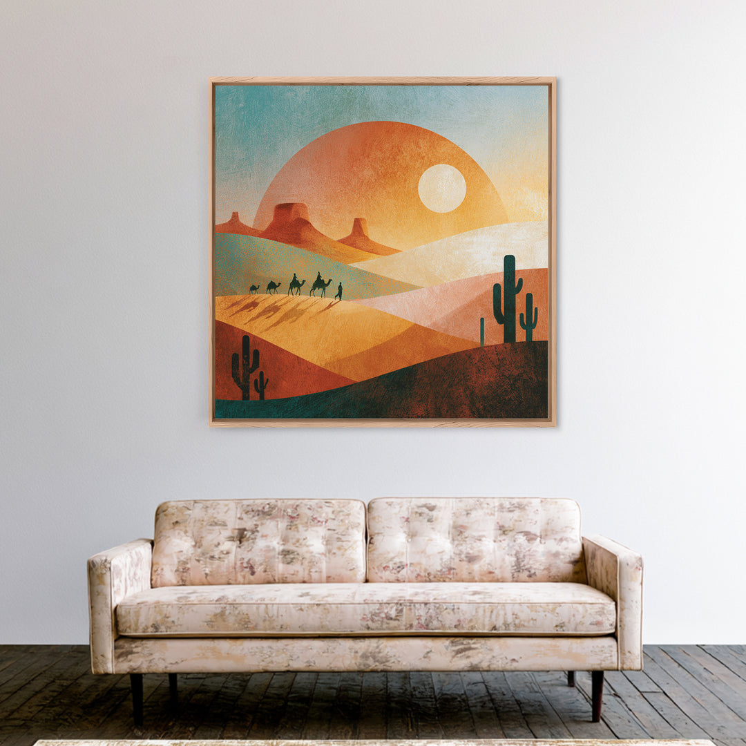 Saharan Dunes with Tiny Caravan Silhouettes Canvas Print, Desert Art, Neutral Decor, Southwestern Decor, Fine Art, Desert, DES-1x1-26
