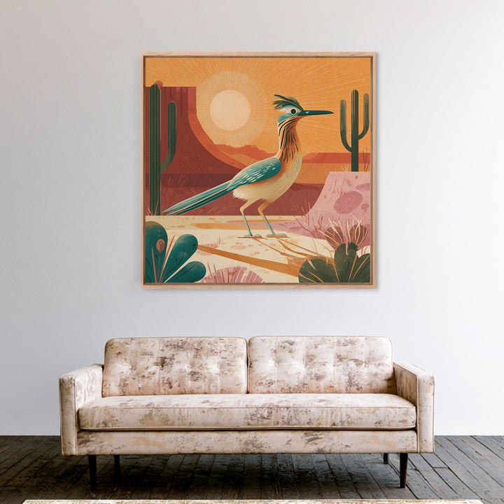 Roadrunner Bird in a Dry Wash Framed Canvas Print, Desert Art, Statement Artwork, Southwestern Decor, Fine Art, Desert, DES-1x1-38