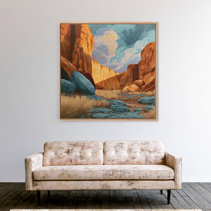 Sandstone Canyon with Dramatic Light Beam Framed Canvas Print, Desert Art, Textured Painting, Southwestern Decor, Desert, DES-1x1-40