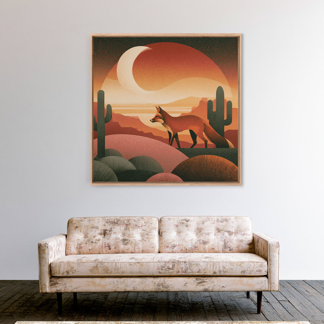 Desert Fox Beneath a Crescent Moon Framed Canvas Print, Desert Art, Wall Art, Southwestern Decor, Oil Painting, Desert, DES-1x1-41