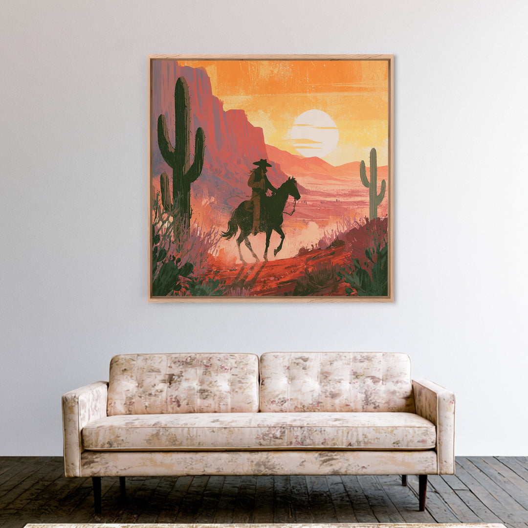 Dusty Horseback Rider at Sunset Framed Canvas Print, Desert Art, Modern Wall Art, Southwestern Decor, Fine Art, Desert, DES-1x1-47