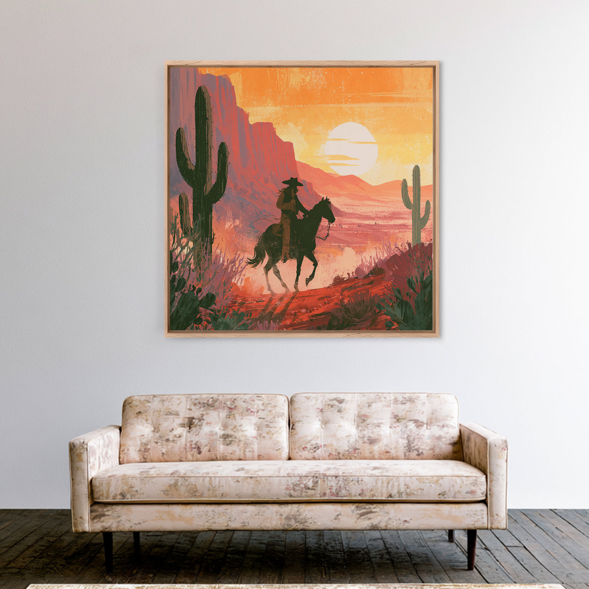 Dusty Horseback Rider at Sunset Framed Canvas Print, Desert Art, Modern Wall Art, Southwestern Decor, Fine Art, Desert, DES-1x1-47