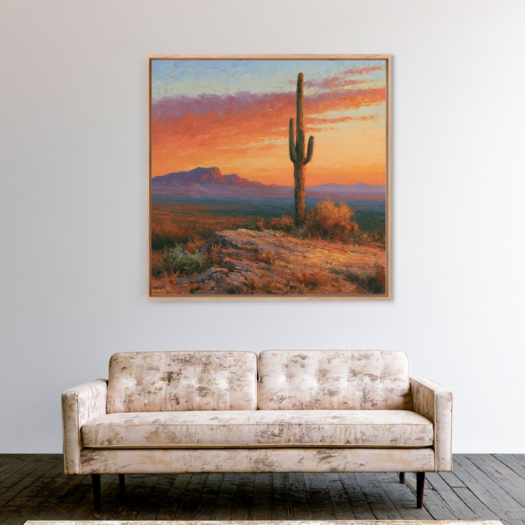Saguaro Cactus under Orange Sunset Sky Canvas Print, Desert Art, Wall Decor, Southwestern Decor, Desert, Living Room Decor, DES-1x1-49
