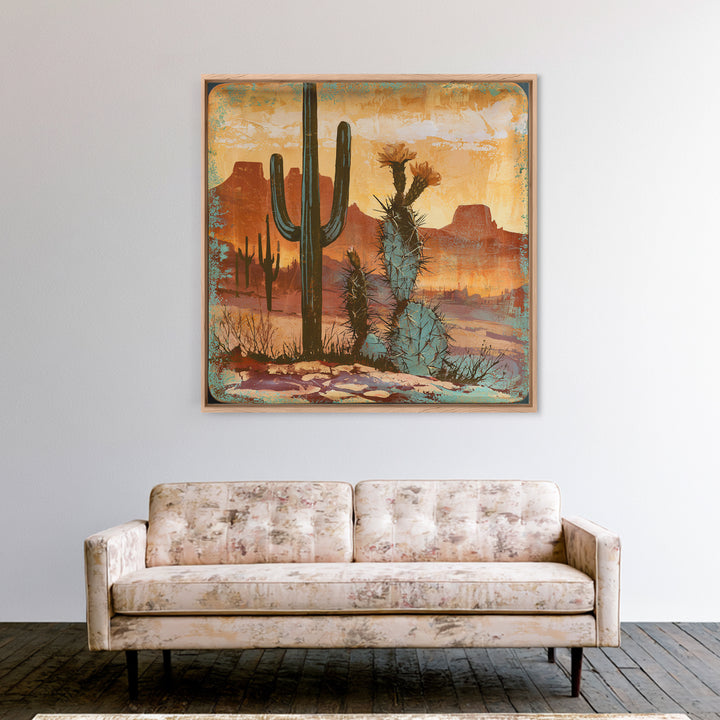 Cactus Botanical Plate Framed Canvas Print, Desert Art, Original Art, Southwestern Decor, Fine Art, Desert, Landscape Wall Art, DES-1x1-56