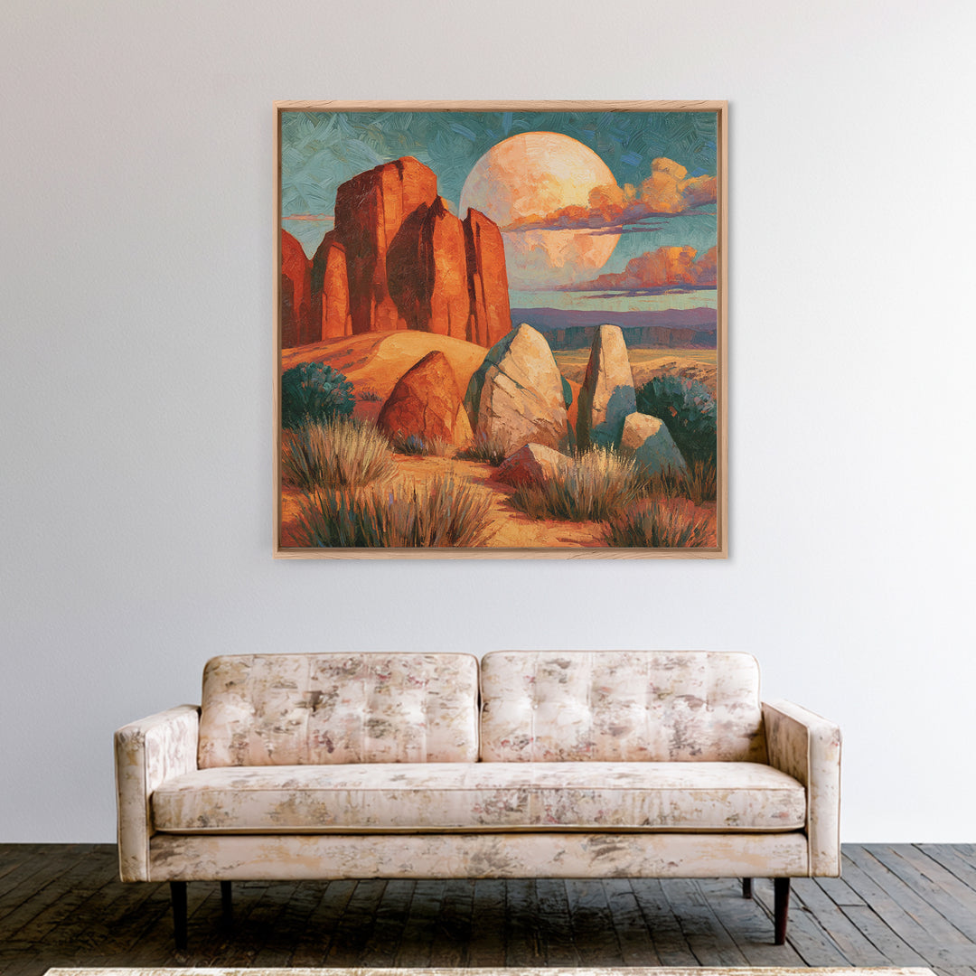 Desert Moon over Rolling Sand Framed Canvas Print, Desert Art, Fine Art Print, Southwestern Decor, Watercolor Art, Desert, DES-1x1-58