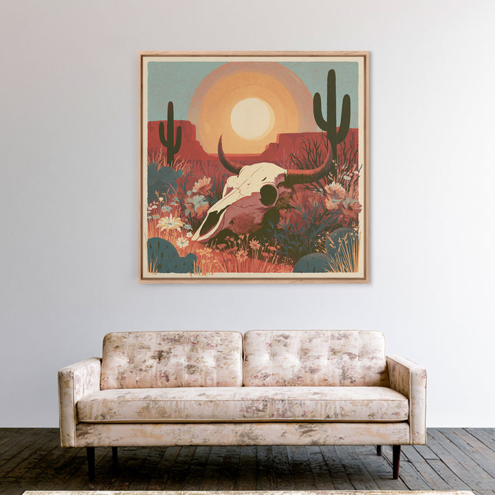 Sun Bleached Skull and Desert Flowers Canvas Print, Desert Art, Western Decor, Southwestern Decor, Desert, Modern Decor, DES-1x1-60
