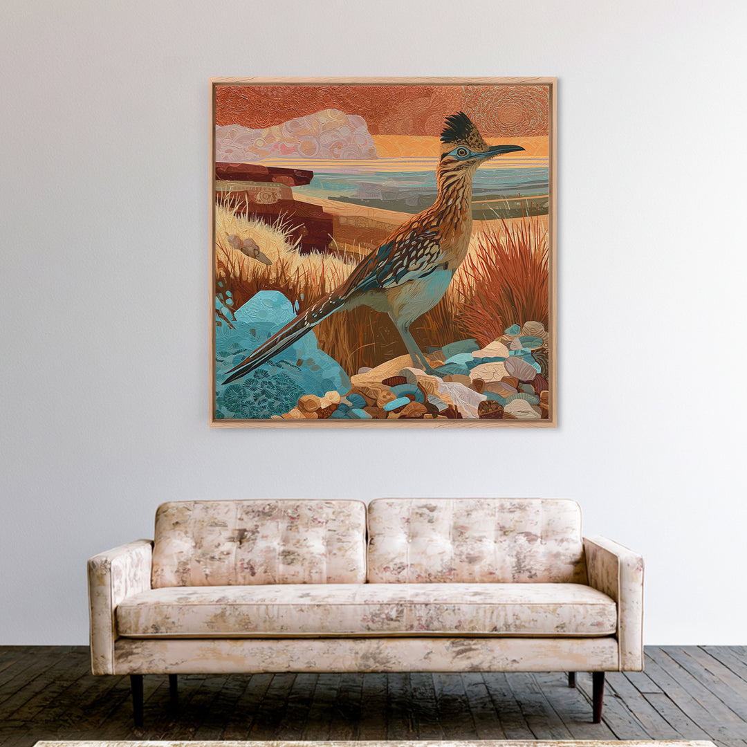 Roadrunner Bird in a Dry Wash Framed Canvas Print, Desert Art, Statement Artwork, Southwestern Decor, Fine Art, Desert, DES-1x1-62