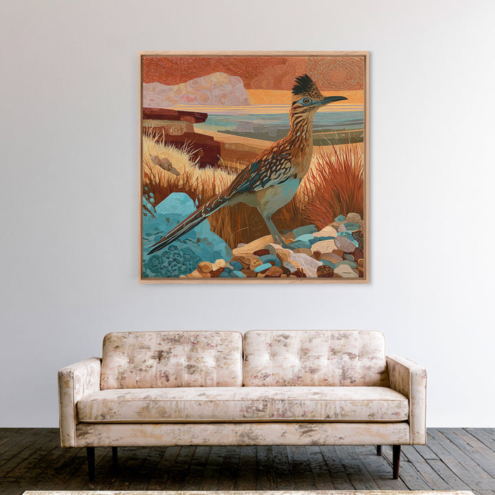 Roadrunner Bird in a Dry Wash Framed Canvas Print, Desert Art, Statement Artwork, Southwestern Decor, Fine Art, Desert, DES-1x1-62