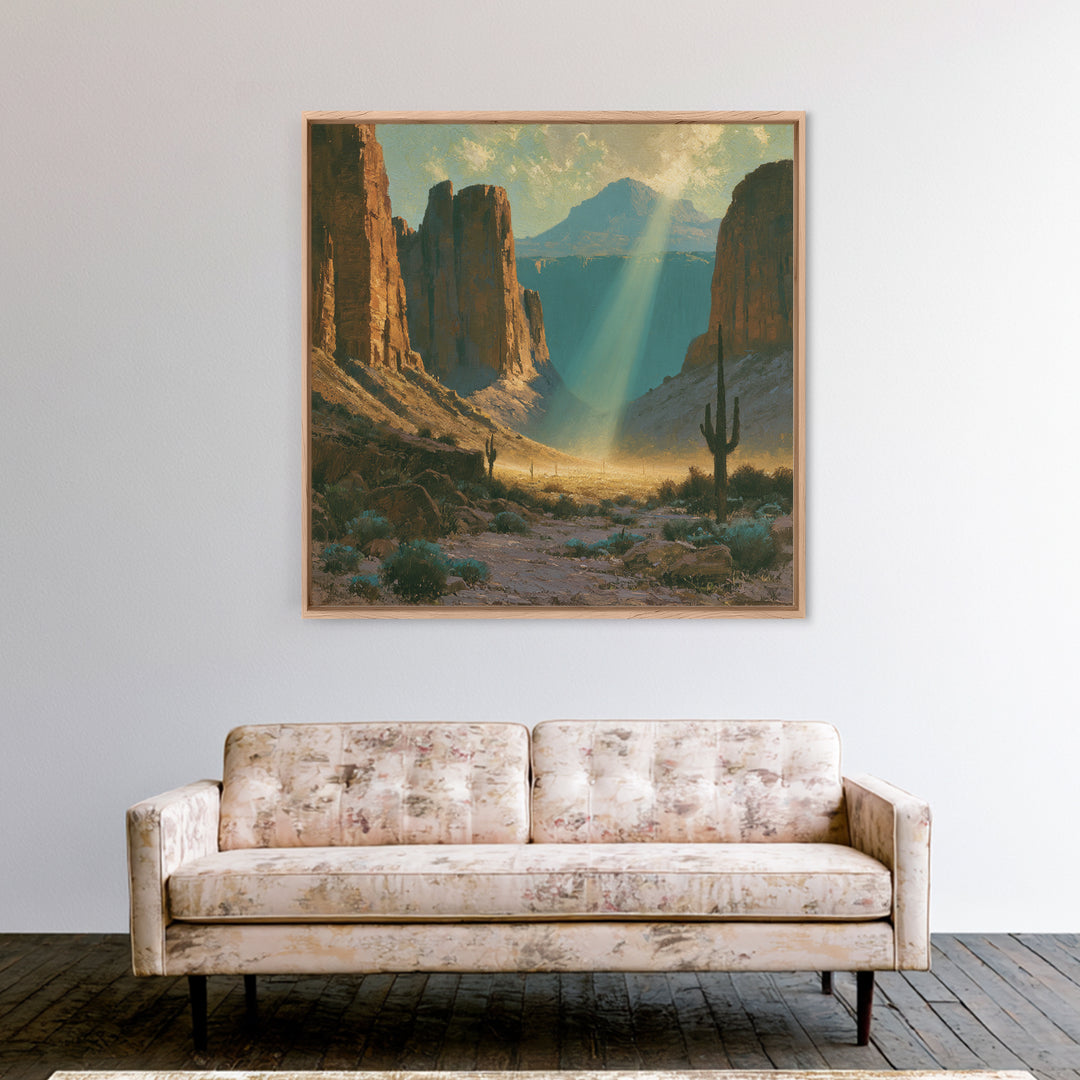 Sandstone Canyon with Dramatic Light Beam Framed Canvas Print, Desert Art, Boho Decor, Southwestern Decor, Fine Art, Desert, DES-1x1-64