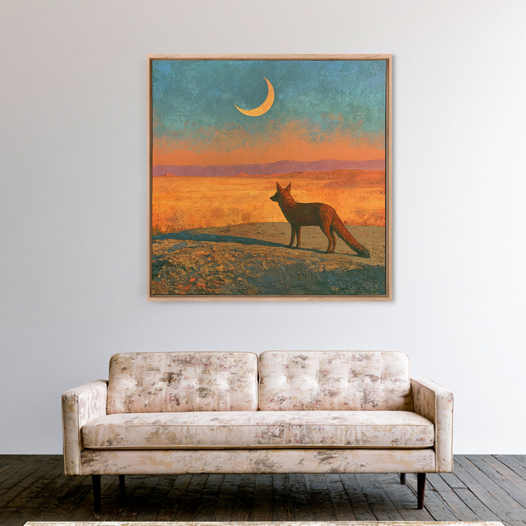 Desert Fox Beneath a Crescent Moon Framed Canvas Print, Desert Art, Wall Art, Southwestern Decor, Oil Painting, Desert, DES-1x1-65