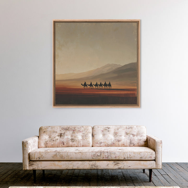 Camel Caravan Crossing Golden Dunes Framed Canvas Print, Desert Art, Living Room Decor, Southwestern Decor, Oil Painting, DES-1x1-7