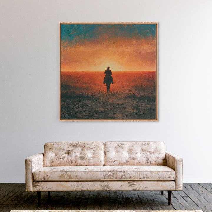 Dusty Horseback Rider at Sunset Framed Canvas Print, Desert Art, Nature Wall Art, Southwestern Decor, Fine Art, Desert, DES-1x1-71