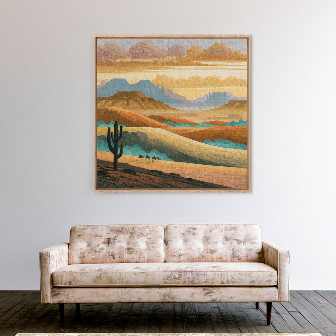 Saharan Dunes with Tiny Caravan Silhouettes Framed Canvas Print, Desert Art, Art Print, Southwestern Decor, Fine Art, Desert, DES-1x1-74