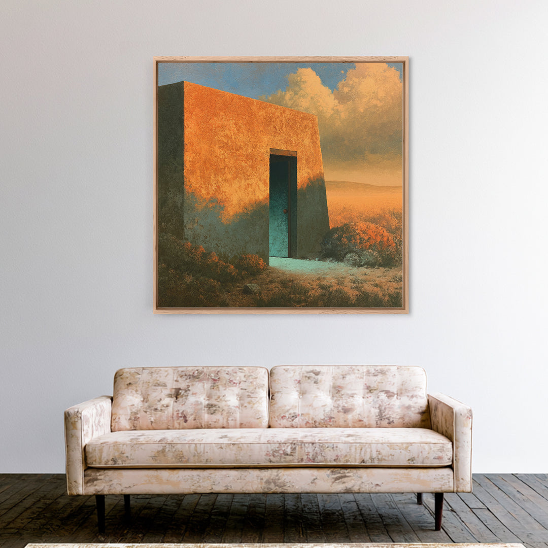 Adobe Doorway with Turquoise Shadow Canvas Print, Desert Art, Oil Painting, Southwestern Decor, Desert, Bedroom Wall Art, DES-1x1-77