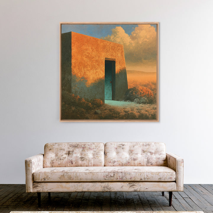 Adobe Doorway with Turquoise Shadow Canvas Print, Desert Art, Oil Painting, Southwestern Decor, Desert, Bedroom Wall Art, DES-1x1-77
