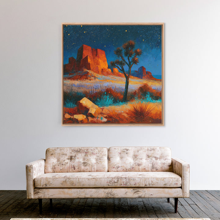 Joshua Tree under Star Filled Night Framed Canvas Print, Desert Art, Southwestern Decor, Watercolor Art, Desert, DES-1x1-78
